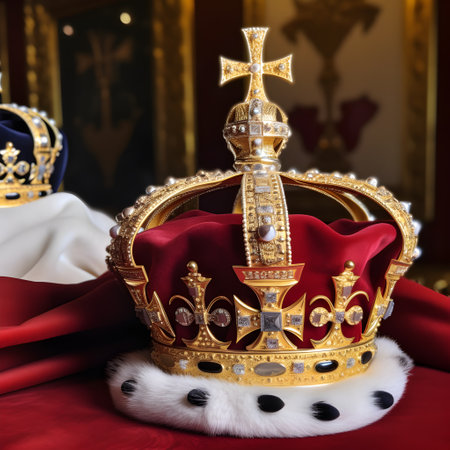 A British royal crown on the background of the flag of the United Kingdom of Great Britain and Northern Ireland, generative AI content.の素材