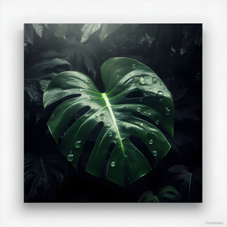 Close-up of Monstera with raindrops, picture on white wall, generative AI content.の素材