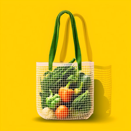 Sustainable shopping bag with various fresh vegetables on a yellow background, closeup, vegetarian diet, organic eco products, generative AI content.の素材