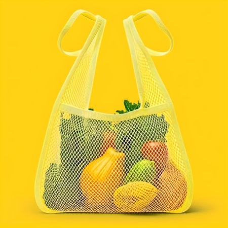 Sustainable shopping bag with various fresh vegetables on a yellow background, closeup, vegetarian diet, organic eco products, generative AI content.の素材