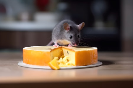 Gray mice approach a piece of cheese on the kitchen table, generative AI content.の素材