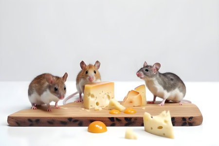 Little mice eat cheese on the wooden cutting board, white background, copy space, generative AI content.の素材