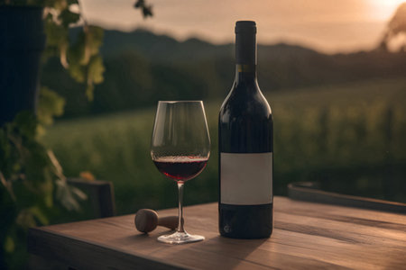 Glass of red wine and bottle at sunset, closeup, generative AI content.の素材
