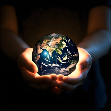 Woman hands holding earth on dark background, generative AI.の素材