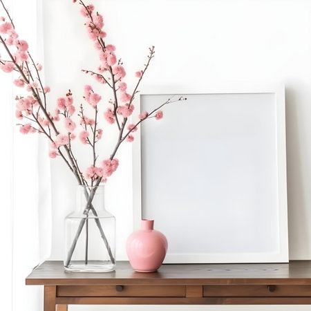 White photo frame on white concrete wall with copy space or space for posters in living room, vase with blooming sakura branches next to it, AI generative content.の素材