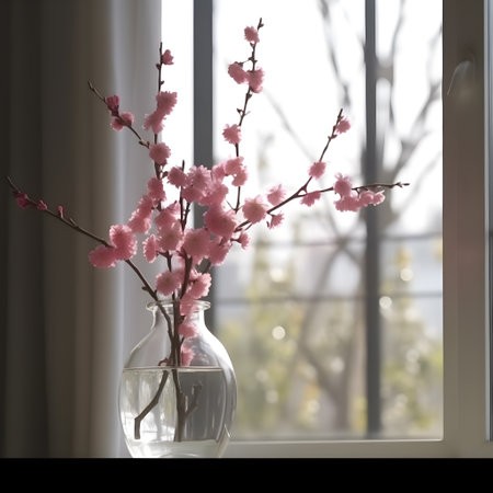 Beautiful branches of spring cherry blossom sakura in pastel pink colors in a glass vase on the windowsill, selective depth of field, AI-generated content.の素材