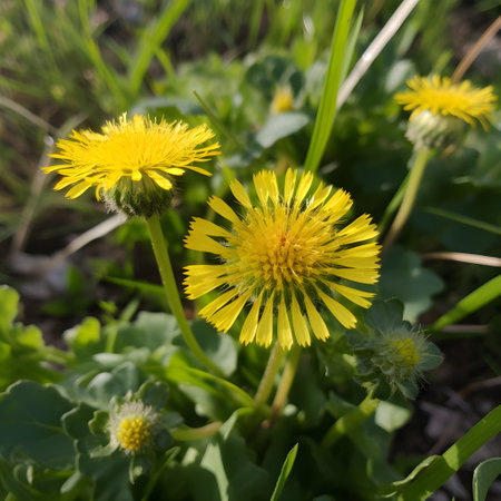 Yellow dandelion in nature in warm summer or spring on meadow in sunlight, macro, generative AI, dreamy artistic picture of beauty of nature. soft focus.の素材