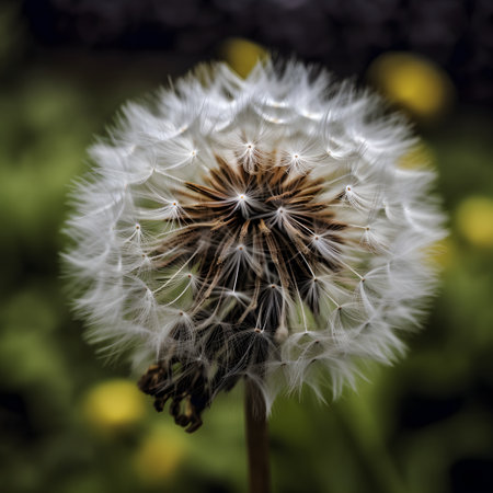 Dandelion on dark background, macro, generative AI content, dreamy artistic image of nature's beauty, soft focus.の素材