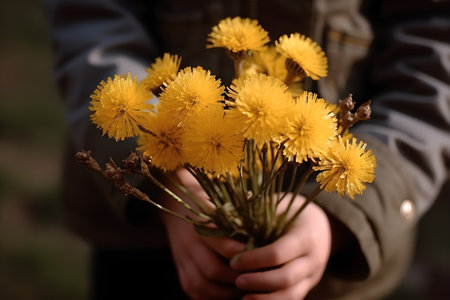 Small bouquet of dandelion in hands, macro, generative AI content.の素材