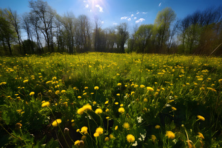 Yellow dandelion in nature in warm summer or spring on meadow in sunlight, macro, generative AI, dreamy artistic picture of beauty of nature. soft focus.の素材