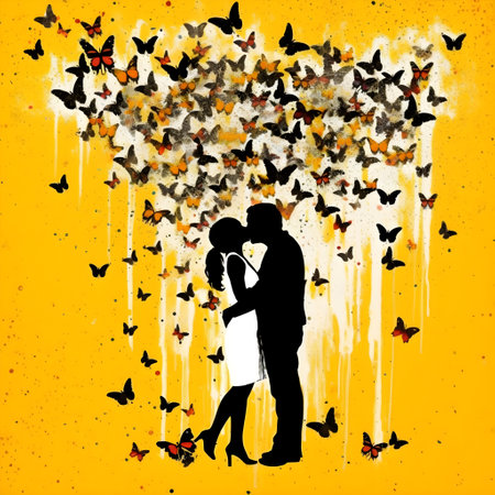 Happy lovers kissing, lots of butterflies as a sign of happiness, generative AI content.の素材