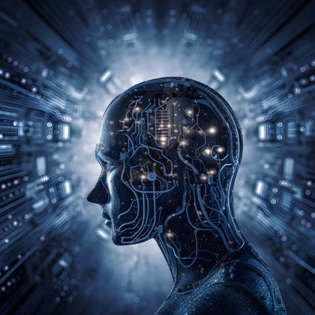 Advanced technology visualization, artificial intelligence neural head networks, digital lines moving data, generative AI content.の素材