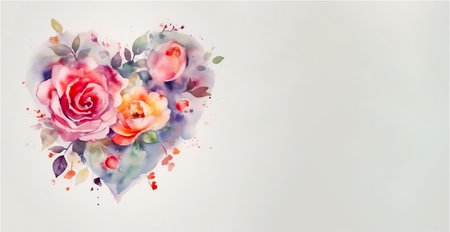 A heart of flowers on a light background. Minimal concept for Valentine's Day, Easter, Wedding or Mother's Day. Creative spring or summer flower layout, flat lay, generative AI content, copy space, banner.の素材