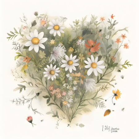 A heart of flowers on a light background. Minimal concept for Valentine's Day, Easter, Wedding or Mother's Day. Creative spring or summer flower layout, flat lay, generative AI content.の素材