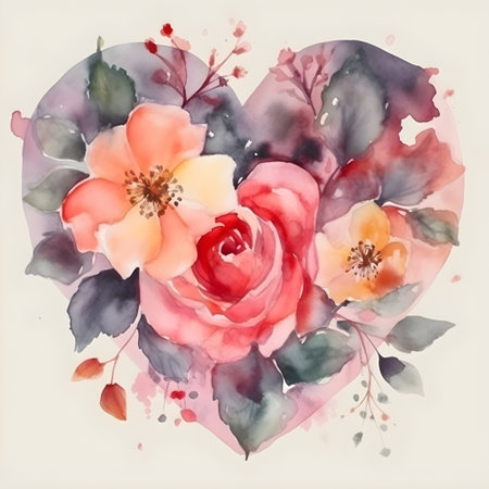 A heart of flowers on a light background. Minimal concept for Valentine's Day, Easter, Wedding or Mother's Day. Creative spring or summer flower layout, flat lay, generative AI content.の素材