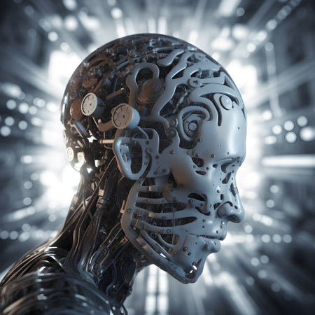 Advanced technology visualization, artificial intelligence neural head networks, digital lines moving data, generative AI content.の素材