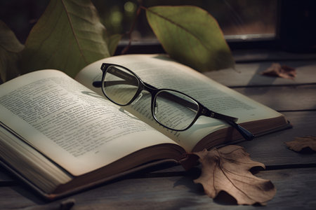 Vintage glasses lie on an open book, rustic background. Concept - learning, education, generative AI content.の素材
