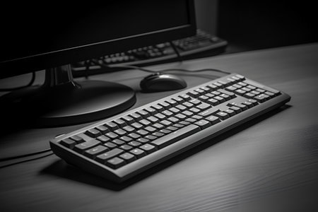 Computer classroomWorkplace with computer, keyboard and computer mouse on dark background, AI generative content.の素材