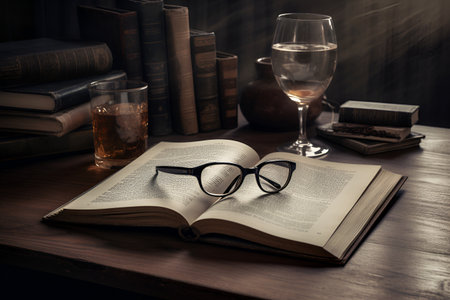 Vintage glasses lie on an open book, rustic background. Concept - learning, education, generative AI content.の素材