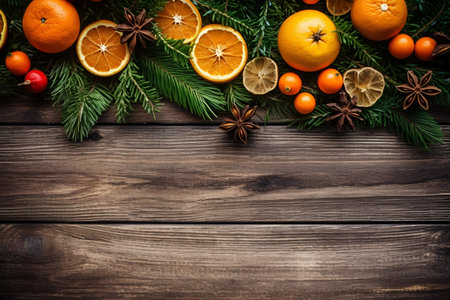 Rustic Christmas background with fir branches and decoration on dark wooden boards with space for text, card, generative AI content.の素材