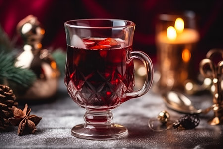Christmas mulled wine with spices and fruits on a rustic wooden table. Traditional hot drink at Christmas time, generative AI content.の素材