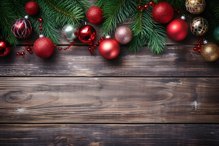 Rustic Christmas background with fir branches and decoration on dark wooden boards with space for text, card, generative AI content.の素材