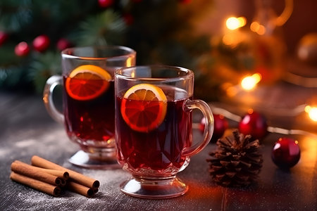 Christmas mulled wine with spices and fruits on a rustic wooden table. Traditional hot drink at Christmas time, generative AI content.の素材