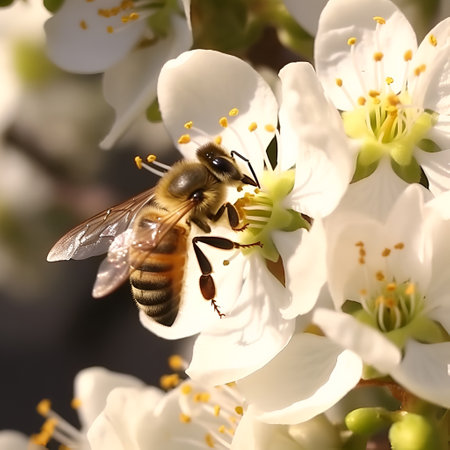 Bees collect pollen on white and pink flowers of an apple tree in spring with beautiful colors and sunlight, nice soft bokeh background, AI generative content.の素材
