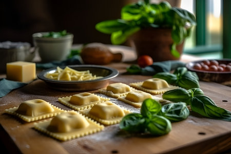 Freshly made ravioli with cheese filling lies on the wooden cutting board, ready for cooking, with lots of basil on a rustic background, close-up, generative AI content.の素材