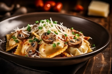 Ravioli with freshly fried mushrooms and basil on a dark background, close-up, generative AI content.の素材