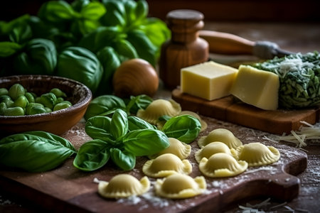 Freshly made ravioli with cheese filling lies on the wooden cutting board, ready for cooking, with lots of basil on a rustic background, close-up, generative AI content.の素材