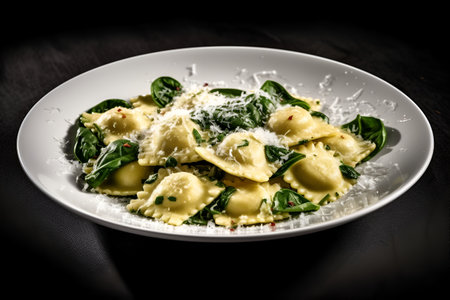 Ravioli with spinach and basil on a dark background, closeup, generative AI content.の素材