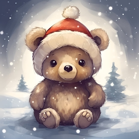 Little bear sits in the snow with Santa hat, concept Christmas and New Year, cartoon, generative AI content.の素材