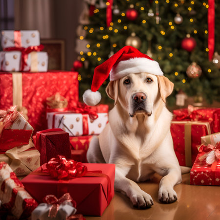 Merry Christmas and a Happy New Year, happy dog Labrador sits in Santa Claus hat. Golden retriever waiting for vacation at home, generative AI.の素材