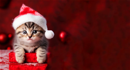 The happy kitten sits in Santa Claus hat, Merry Christmas and Happy New Year, closeup, generative AI content, banner.の素材