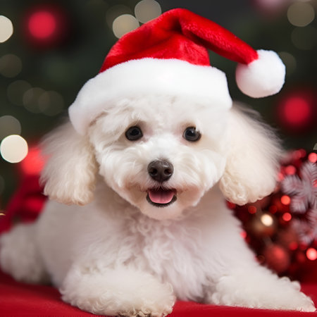 Little white poodle sitting with Santa hat, concept Christmas and New Year, closeup, generative AI content.の素材