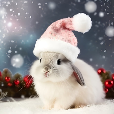 Little bunny sits in the snow with Santa hat, concept Christmas and New Year, cartoon, generative AI content.の素材