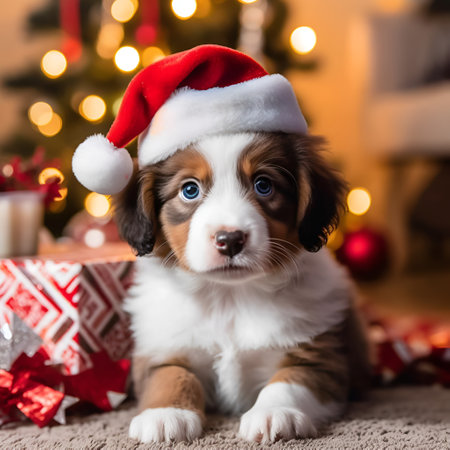 Little puppy sitting with santa hat, concept christmas and new year, closeup, generative ai content, copy space.の素材