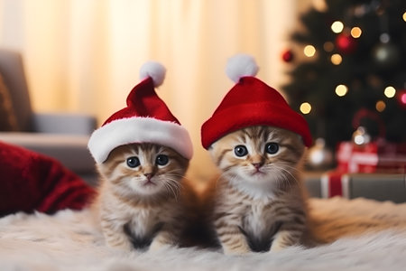 Two happy small pets, a kitten and a puppy, sit in red Santa hat, Merry Christmas and Happy New Year, closeup, generative AI content.の素材
