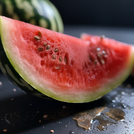 Big piece of juicy red watermelon on dark background closeup, generative AI content.の素材
