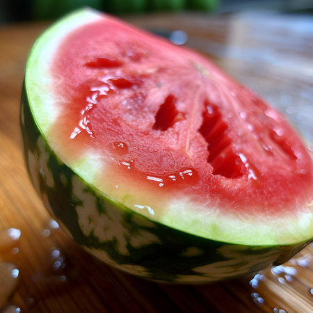 Big piece of juicy red watermelon on dark background closeup, generative AI content.の素材