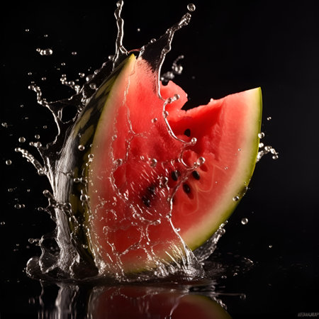 Big piece of juicy red watermelon on dark background closeup, generative AI content.の素材