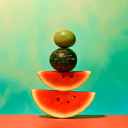 Red watermelon as an abstract balancing act, closeup, generative AI content.の素材