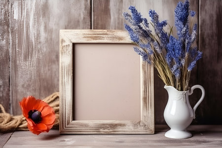 Rustic wooden photo frames with empty space for text on the wooden background and small bouquet of field flowers, AI generative content.の素材