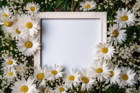 Rectangular white wooden picture frame with empty space for text and framed with daisies, AI generative content.の素材
