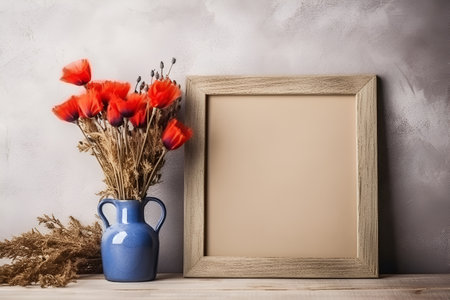 Rustic wooden photo frames with empty space for text on the wooden background and small bouquet of field flowers, AI generative content.の素材