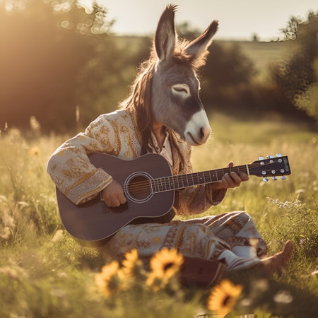 A donkey dressed as a hippie human plays the guitar in the meadow, generative AI content.の素材