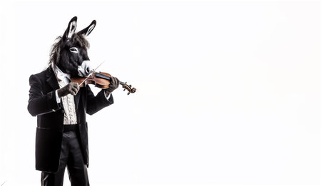 A donkey dressed as a human in a suit playing the violin, isolated on white background, AI generative content, banner.の素材