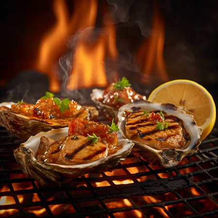 Seafood BBQ concept, selective focus, closeup of grilled shrimp, mussels and oysters on the charcoal stove. Seafood bbq party with gingerbread and clams grilling on fire, generative AI content.の素材