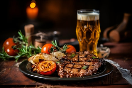 Grilled beef steak with vegetables and rosemary on the plate served with beer on the rustic table, AI generative content.の素材